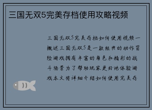 三国无双5完美存档使用攻略视频